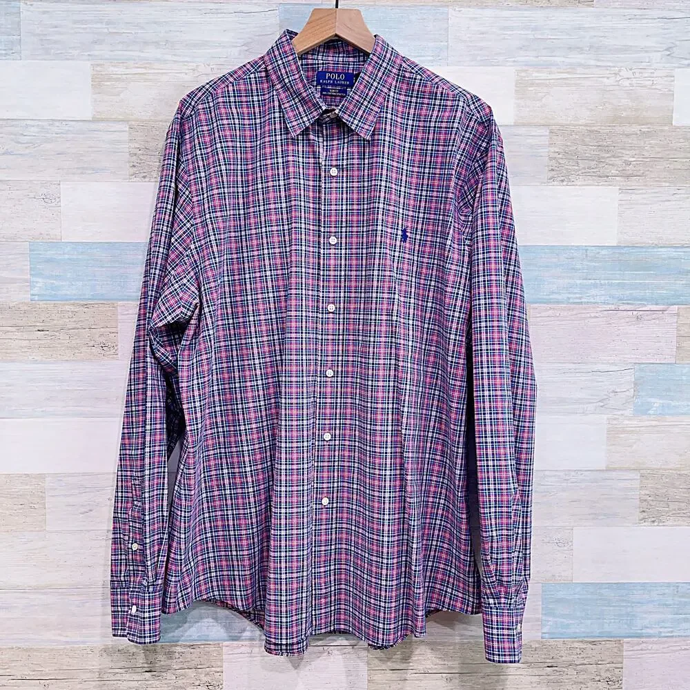 POLO Ralph Lauren Slim Cotton Stretch Shirt Blue Red Plaid Casual Mens XXL 2XL